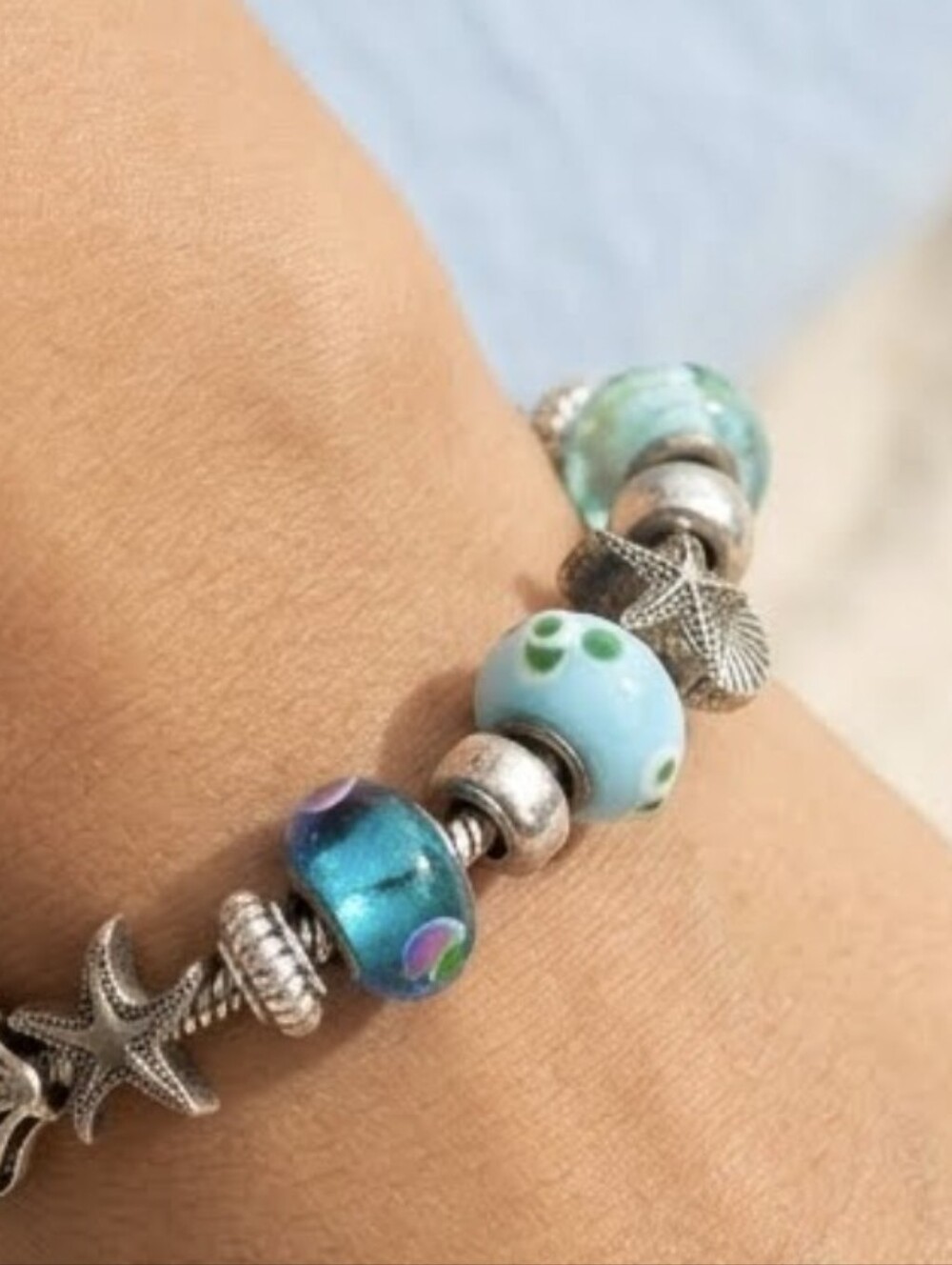 Silver  Tone Charm Bracelet with Blue and Turquoise Glass Beads